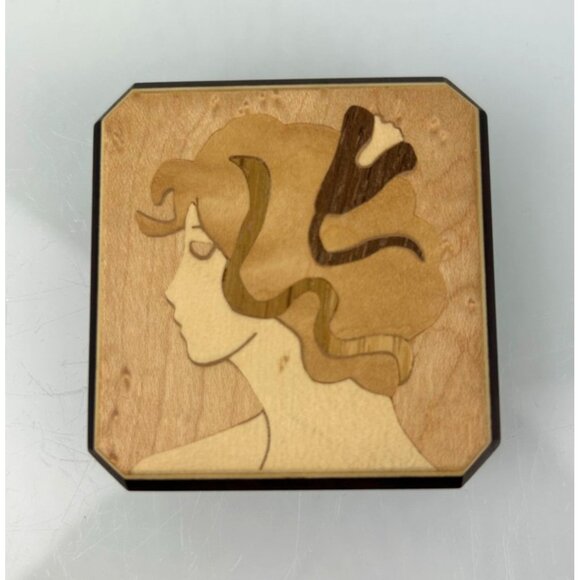 Vintage Inlaid Marquetry Compact Hand Mirror Art Nouveau Deco Lady Swivel Wood - Picture 2 of 10